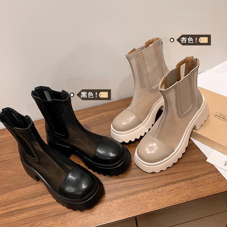 Boot ngắn nữ da bò mũi tròn đế dày thoáng khí khóa kéo sau — Màu đen, Màu mơ chi tiết 82