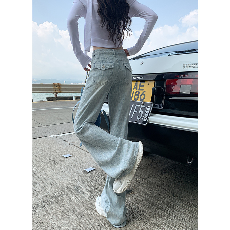 淺色提花美式辣妹微喇牛仔褲女秋季2024新款高腰顯瘦馬蹄喇叭褲子