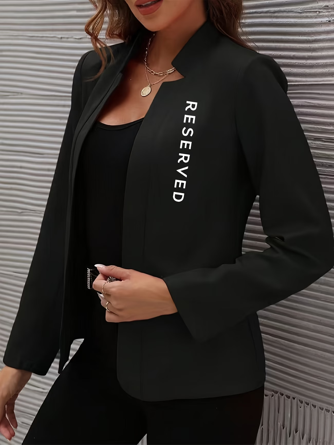 Women's Clothing American Style Stand Up Collar Fitted Waist Black Blazer Long Sleeve Elegant Fashion Print Outerwear_voghion.com