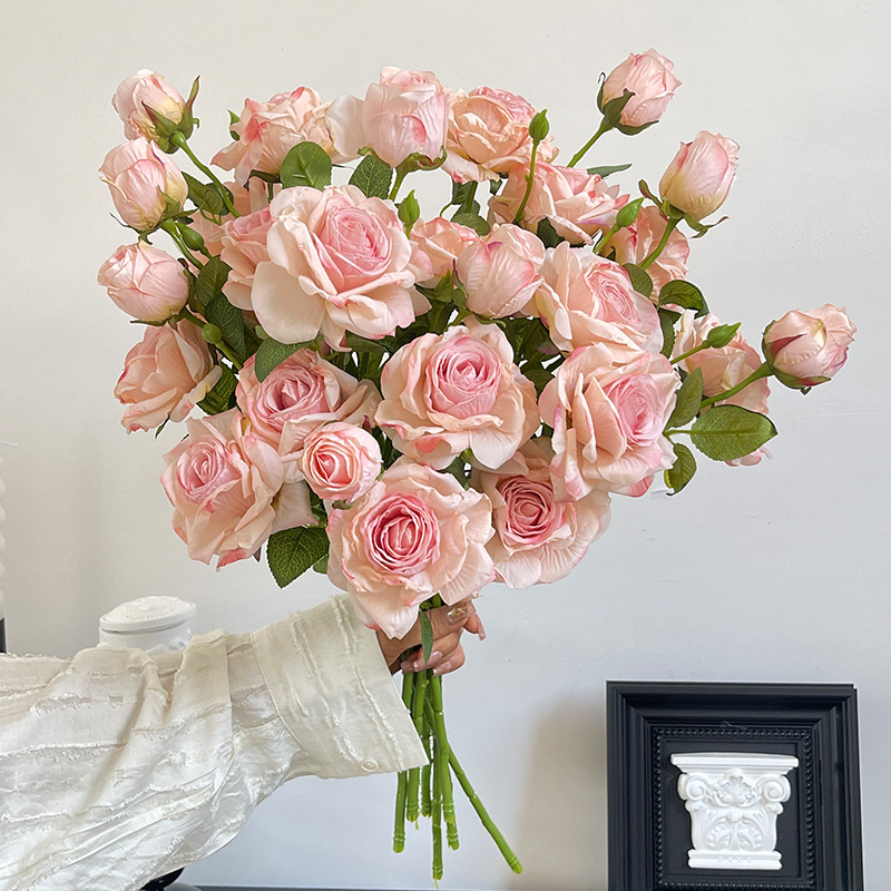 3 cabezas de flores artificiales de rosas de borde quemado, colores retro del otoño, flores falsas de múltiples cabezas, decoración de la sala de estar del hogar, accesorios de fotografía de bodas