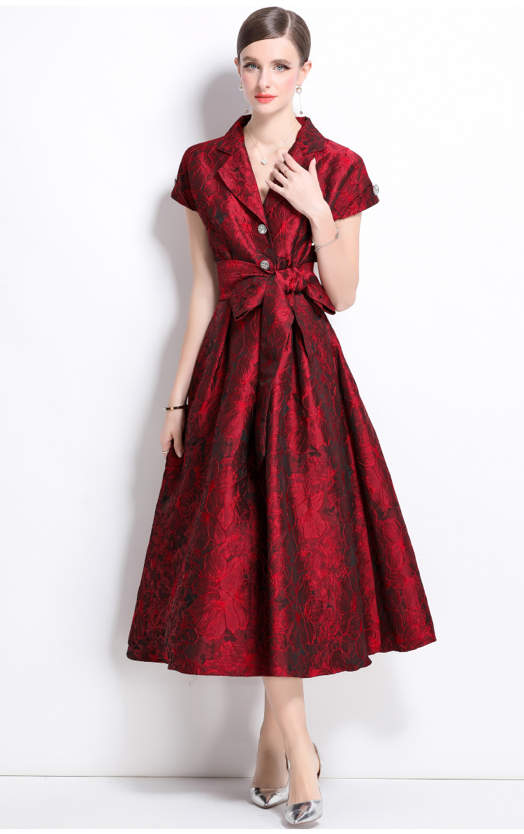 Đầm maxi nữ thắt eo kiểu Pháp tay ngắn cổ bẻ jacquard thanh lịch mùa hè 2025 — Màu xanh lam, Màu tím, Màu hồng, Màu đỏ chi tiết 9