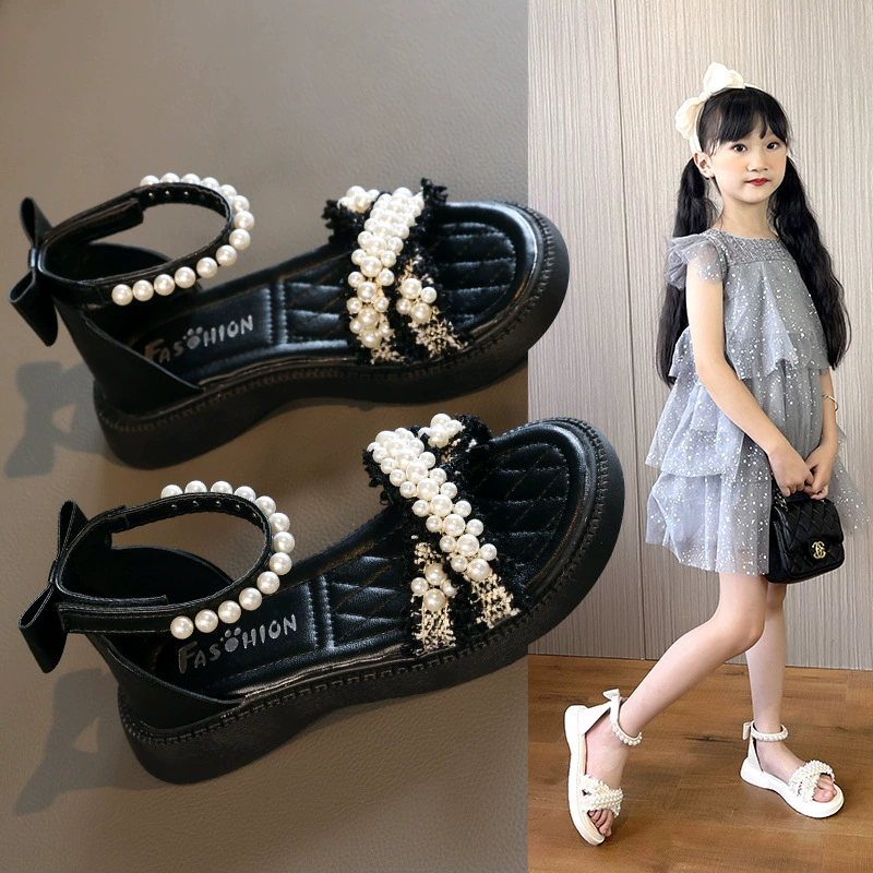 Летняя обувь для девочек 2024 года с перекрестными ремешками, детские сандалии принцессы с жемчугом среднего и большого размера, детская обувь с мягкой подошвой