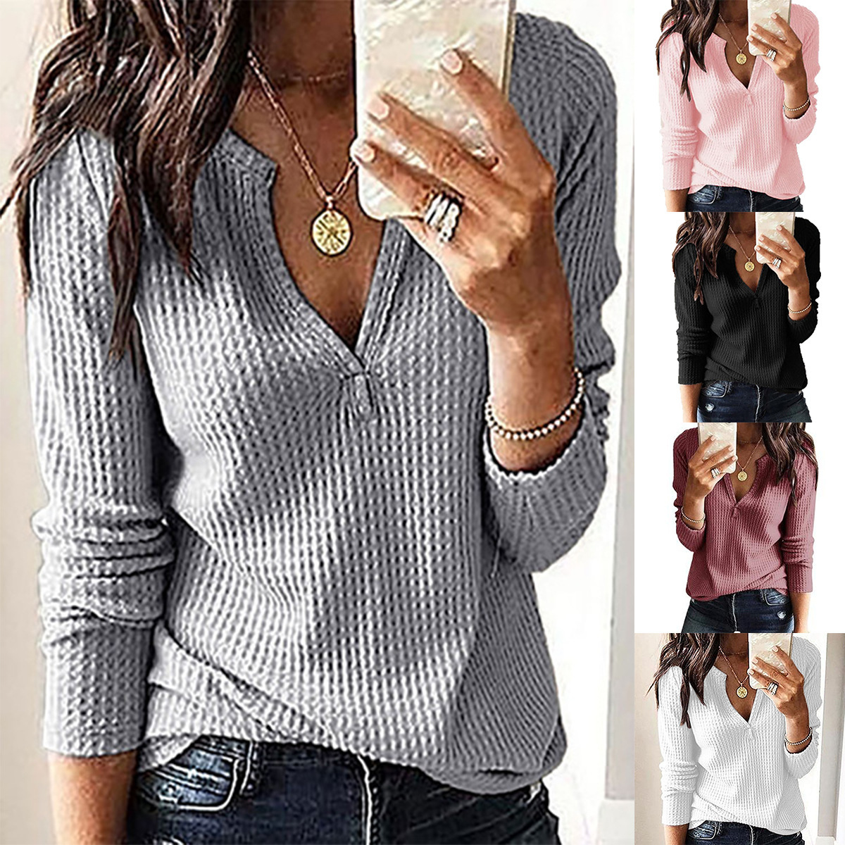 Women Long Sleeve V-neck Waffle T-Shirt Black Winter New