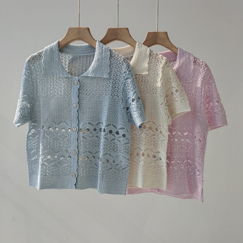 French Style Gentle Style Lace Hollow Crochet Flower Square Collar Bubble Sleeve Women's Summer Chanel Style Western Style Short Sleeve Top