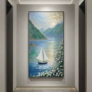 Green Scenery of Blue Water and Green Mountains: Hand-Painted Oil Painting of Dafen Village, Sailing Boat, Entrance Hall, Villa Staircase Corner Hanging Painting