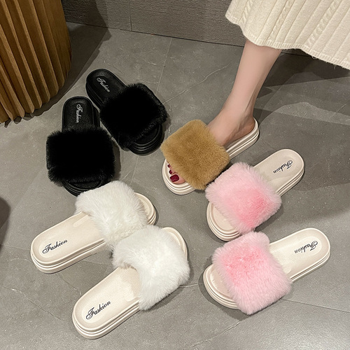 Cross-border new furry slippers for women to keep warm at home Internet celebrity thick-soled platform sole round-toe sandals for women foreign trade