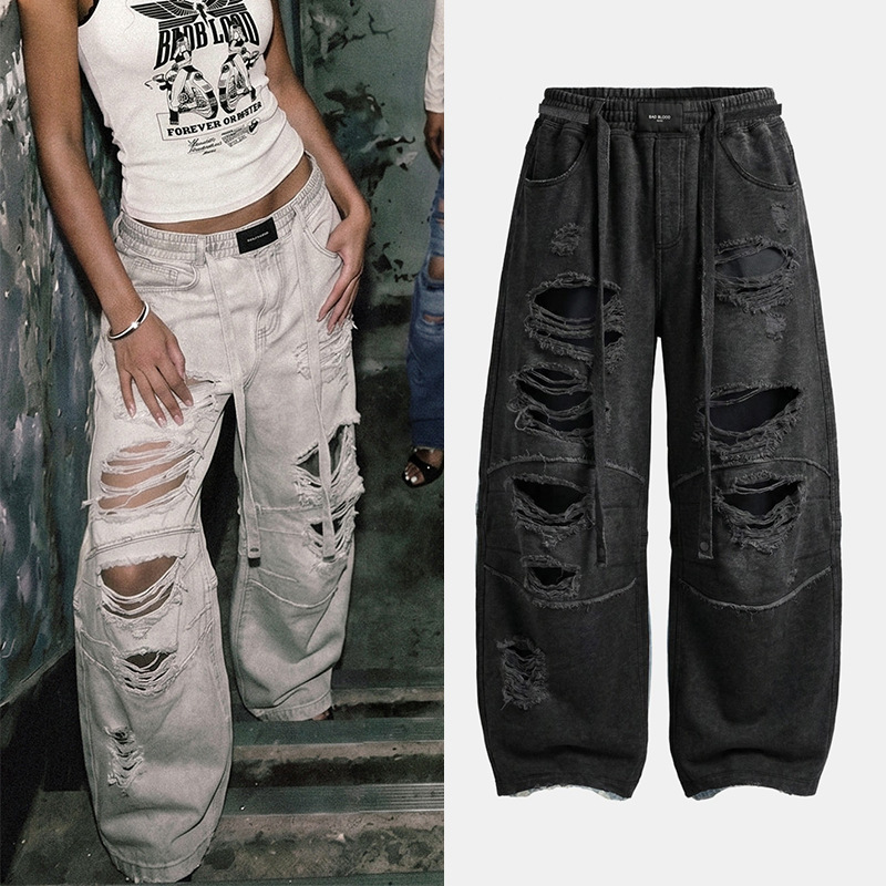 Badblood Korean American-Style Loose Wide-Leg Pants with Ripped Edges and Frayed Denim Casual Pants for Men and Women, Curved Hem Pants, Floor-Length Pants Badblood Korean American-Style Loose Wide-Leg Pants with Ripped Edges and Frayed Denim Casual Pants for Men and Women, Curved Hem Pants, Floor-Length Pants