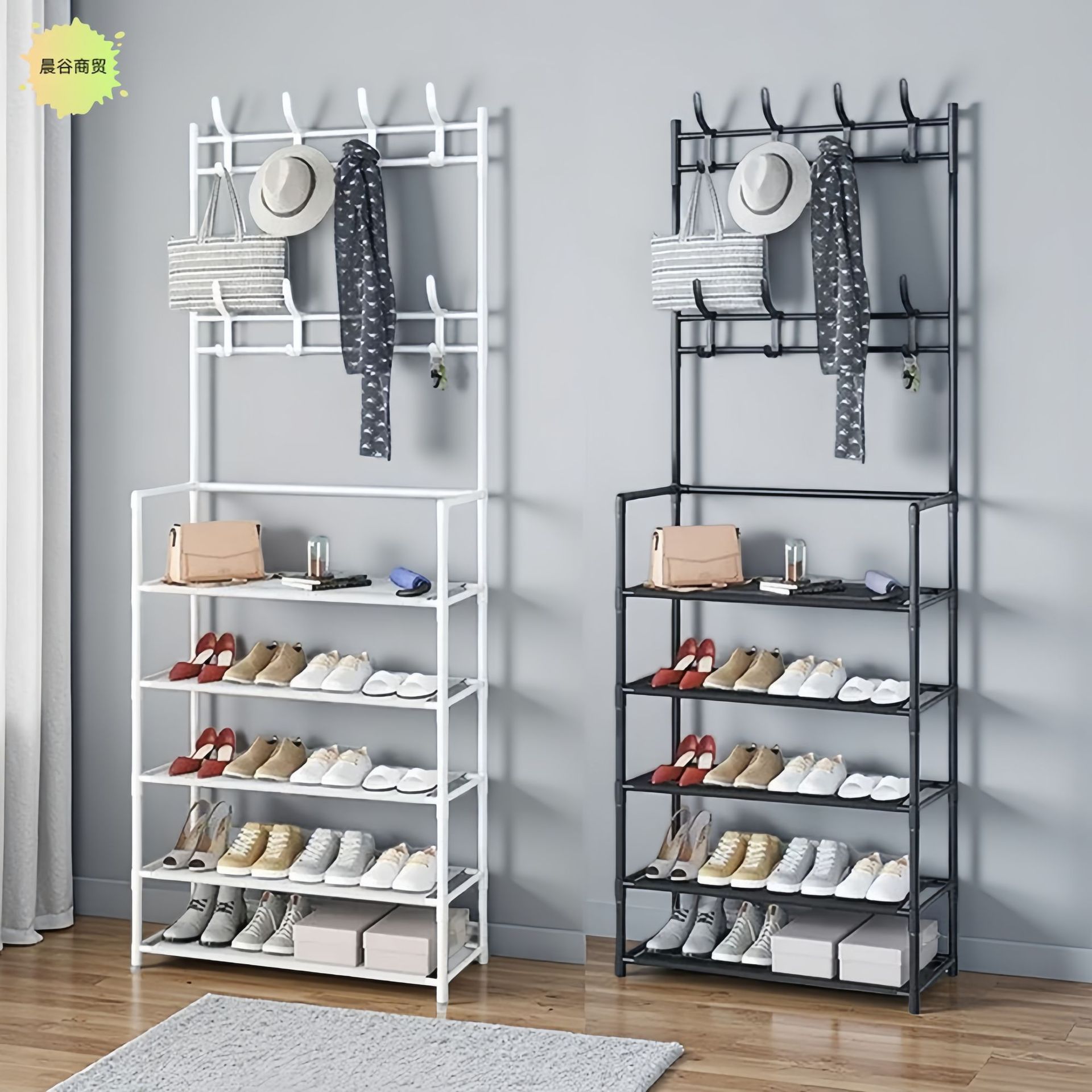 简易衣帽架多层组合置物架家用宿舍多功能落地挂衣架收纳鞋柜鞋架