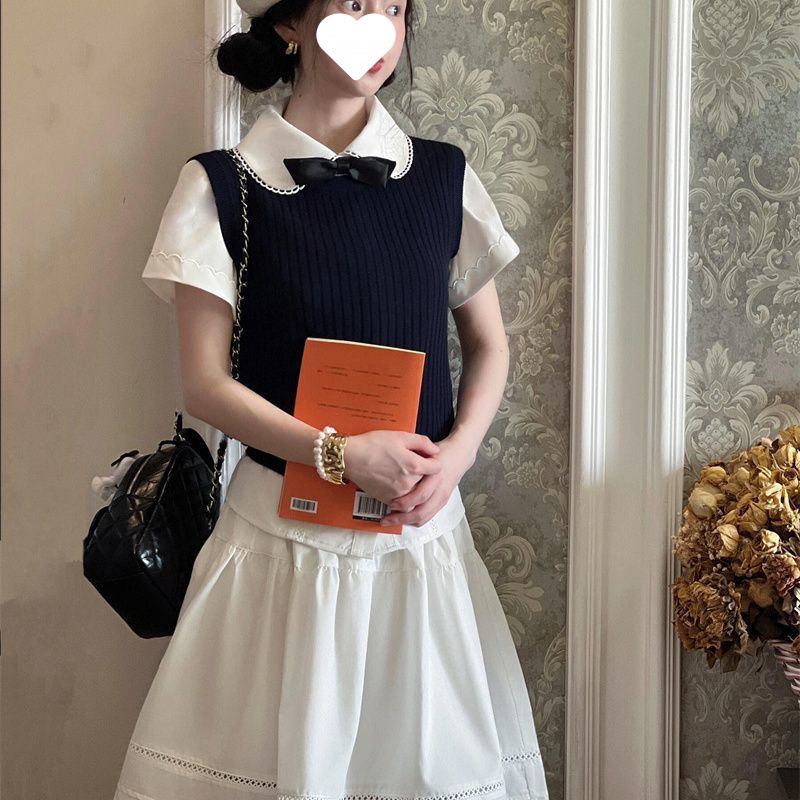 スリーピーススーツ韓国甘いスタイルショートストライプベスト女性用+ラペル半袖シャツ+白スカート|undefined