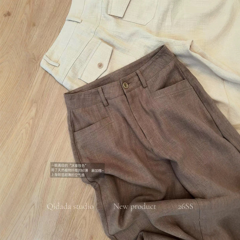 Old Money Style Deep Coffee Color Cotton-Linen Straight-Leg Casual Pants for Women, Summer 2026 New Thin Loose Fit with a Relaxed Drape Old Money Style Deep Coffee Color Cotton-Linen Straight-Leg Casual Pants for Women, Summer 2026 New Thin Loose Fit with a Relaxed Drape
