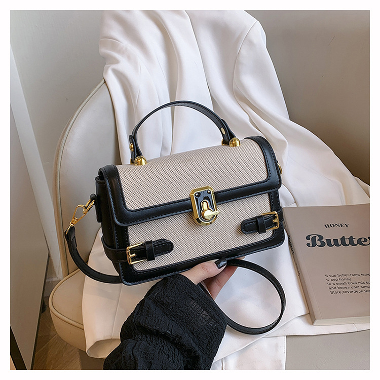 Bolso de mano de alta calidad para mujer 2025 nuevo bolso cuadrado pequeño con costuras de color en contraste retro textura de lino bandolera para mujer