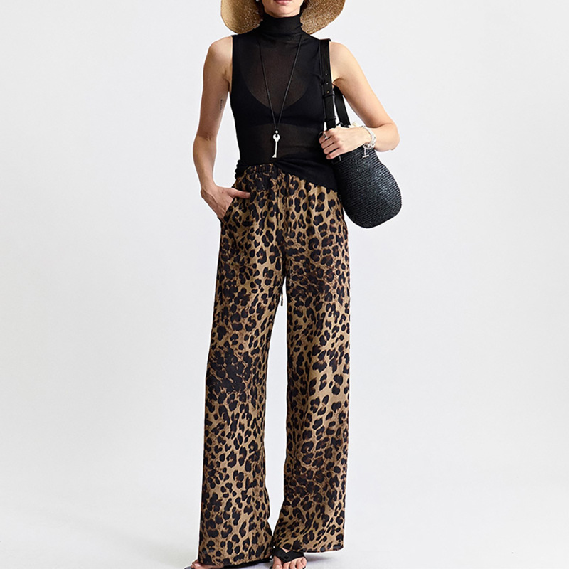Uni Snow Leopard Pants Flowy Paris Leopard Print Pants Draped Straight Wide-Leg Pants Loose Air Pants Fashionable Long Pants