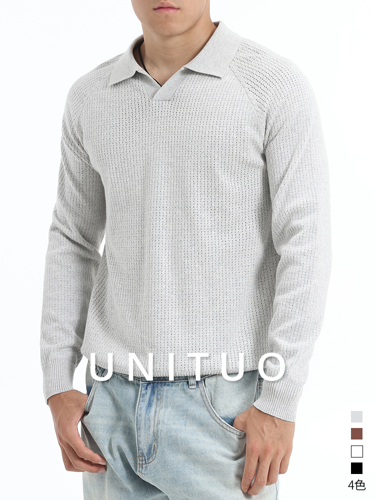 Hombre gaviota cuello polo jersey de punto de negocios casual jersey estampado suéter de manga larga suéter hombre otoño invierno