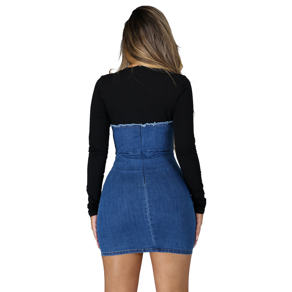 solid color stitching zipper long-sleeved denim dress nihaostyles clothing wholesale NSCYF80338