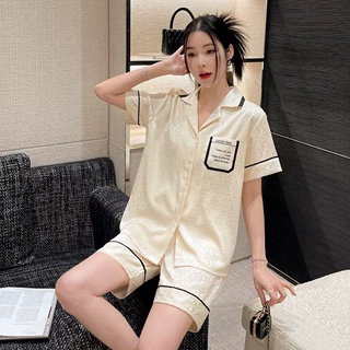 情侣冰丝睡衣女春夏短袖短裤套装提花字母冰雪丝家居服男休闲舒适