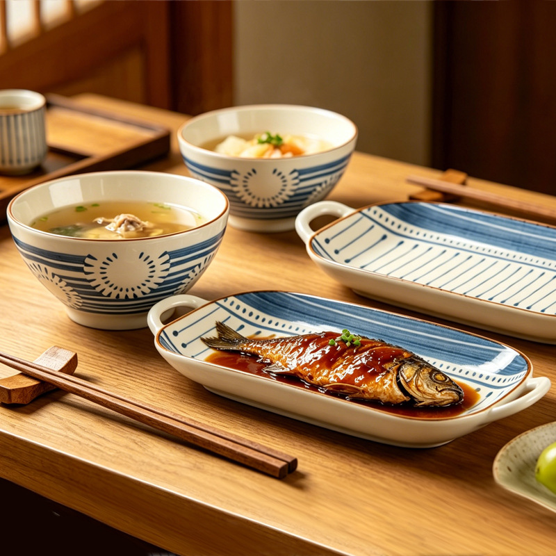 Ceramic Bowl and Plate Set for Home, Hotel, Restaurant, Japanese-Style Lines, Creative Trendy Double-Handle Fish Plate, Large Tableware Ceramic Bowl and Plate Set for Home, Hotel, Restaurant, Japanese-Style Lines, Creative Trendy Double-Handle Fish Plate, Large Tableware