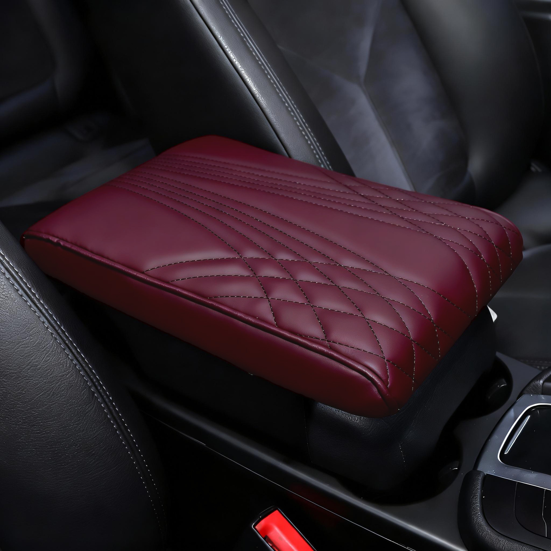 Universal – Box Pad Car-Mounted Armrest box pad - angel-pattern-memory-foam-armrest-heightening-pad-wine-red