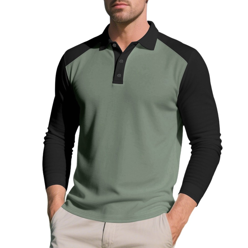 Autumn American-Style Loose Men's Color-Block Casual Golf Button-Up Long-Sleeve Polo Shirt for Foreign Trade Cross-Border