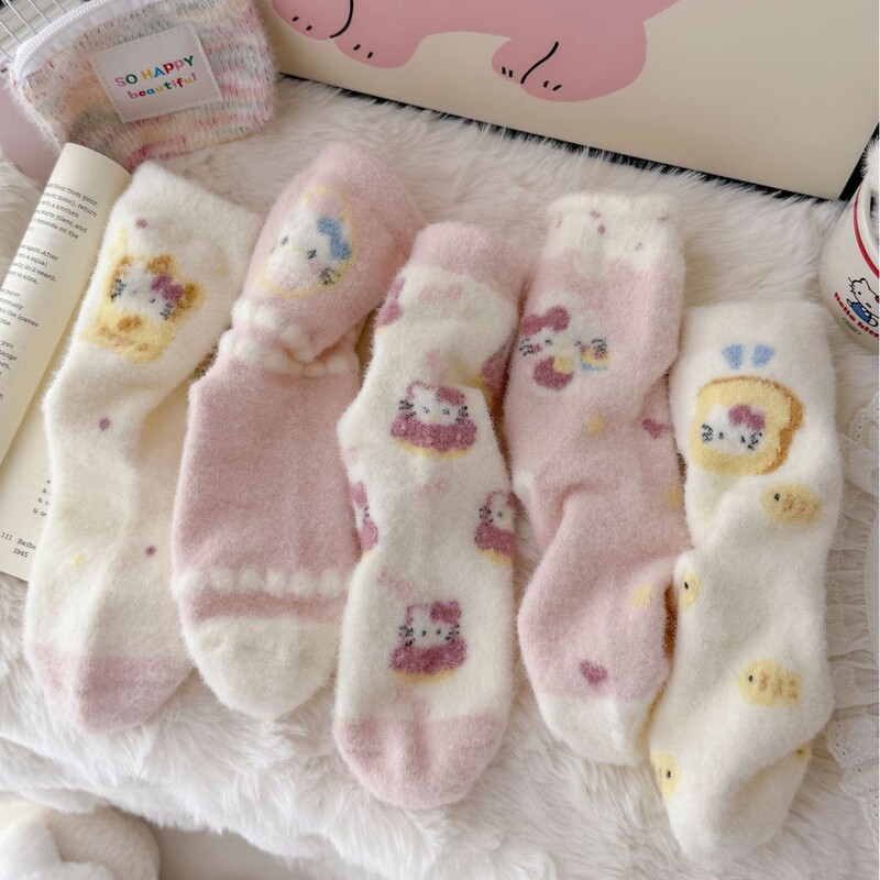 Australian Velvet Socks for Women, Autumn and Winter Mid-Calf Socks, Cartoon Fleece-Lined, Thickeneded Warm Floor Socks, Japanese Style Cute Versatile Women's Socks