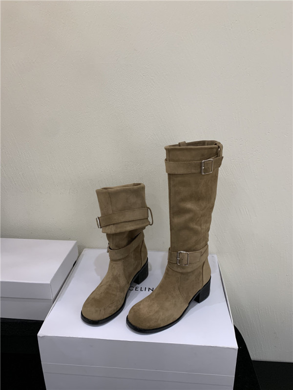 粗跟圆头绒面中筒靴女2025秋冬新款时装靴两穿女靴复古皮带扣短靴|undefined