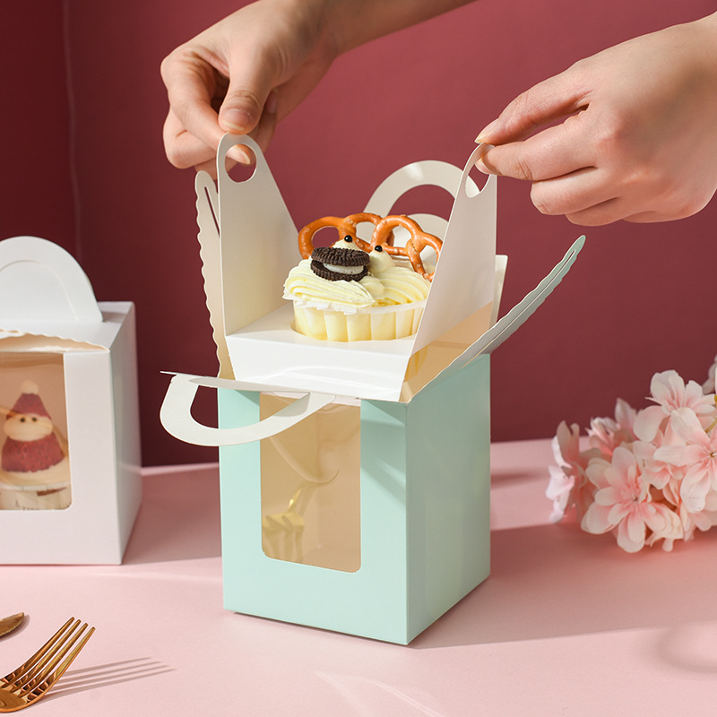 Transparent window 1 piece 2 pieces muffin box paper cup cake small cake box hand held dessert box pastry packaging box for sale