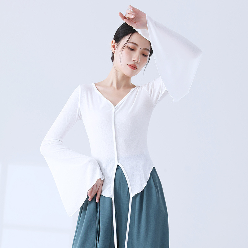 Classical Dance Split-Flare Sleeve Chinese Ethnic Style Dance Base Shirt Chinese Dance Daily Basic Training Uniform for Women