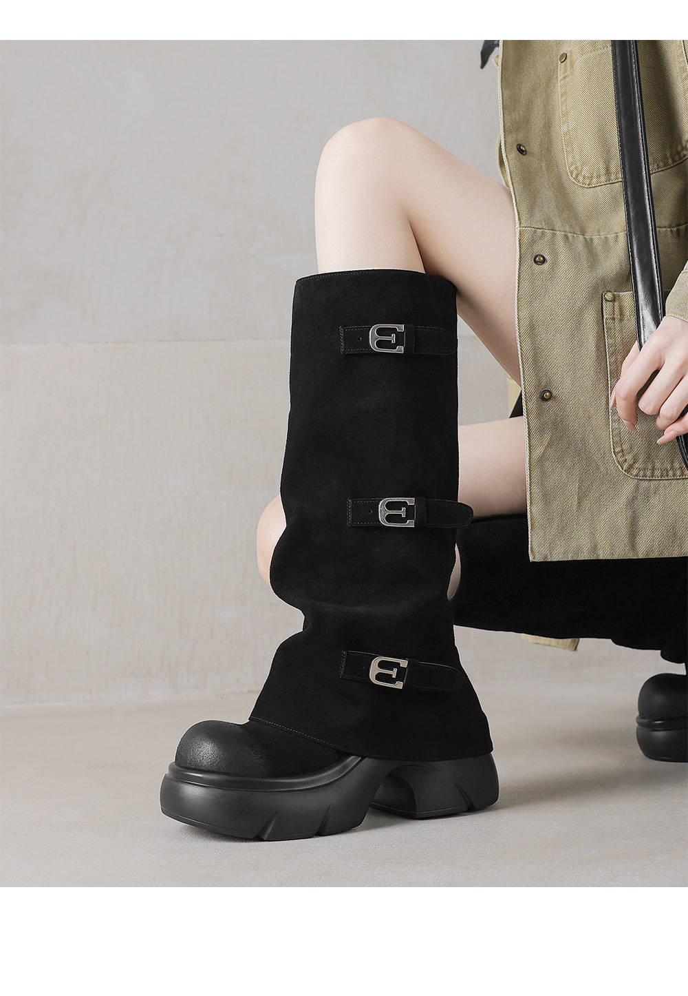 Boot nữ da lộn đế dày phong cách biker, gót platform 5 cm — màu đen chi tiết 13