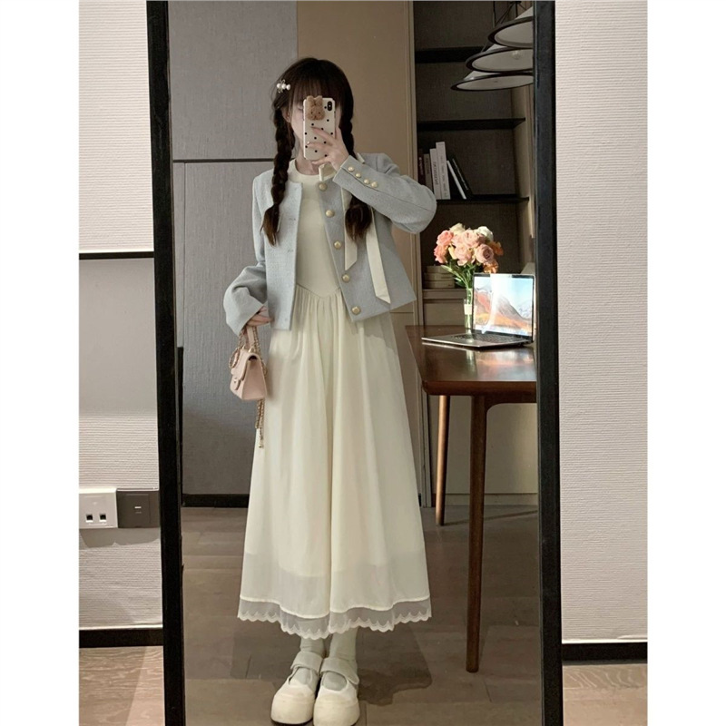 秋冬2025新款韩系甜妹显瘦连衣裙套装高级感法式新中式小香风外套|undefined