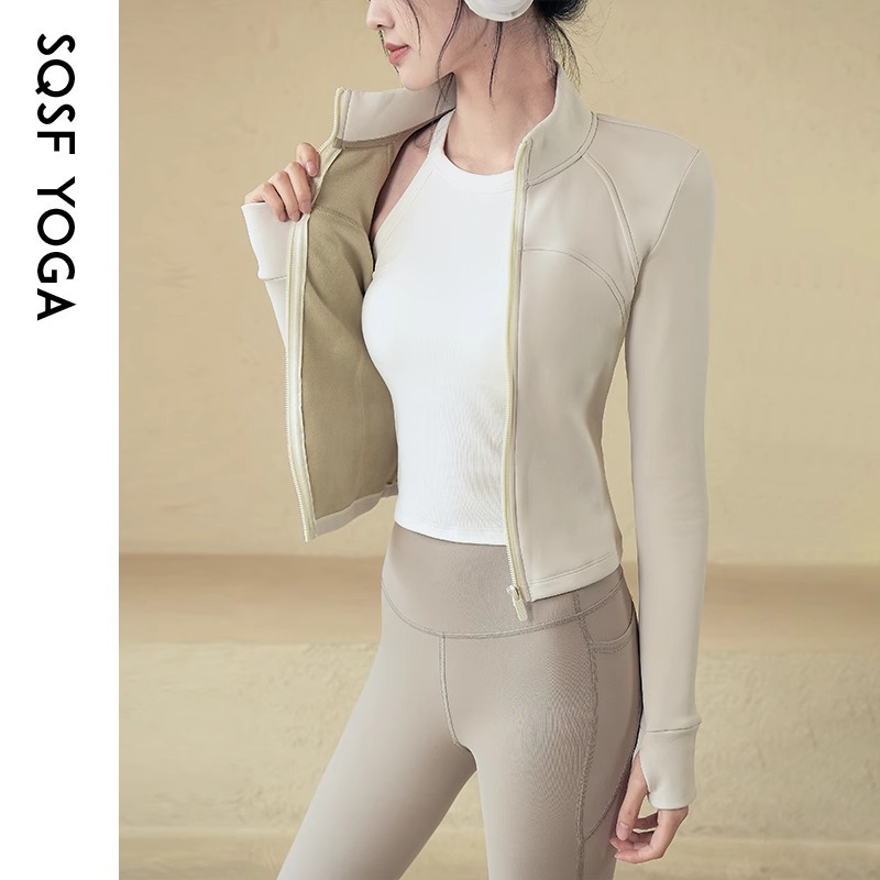 Slim-fit Stand-up Collar Zipper Jacket Women's Fitness Yoga Fleece Tights Women's Fitness Clothes_voghion.com