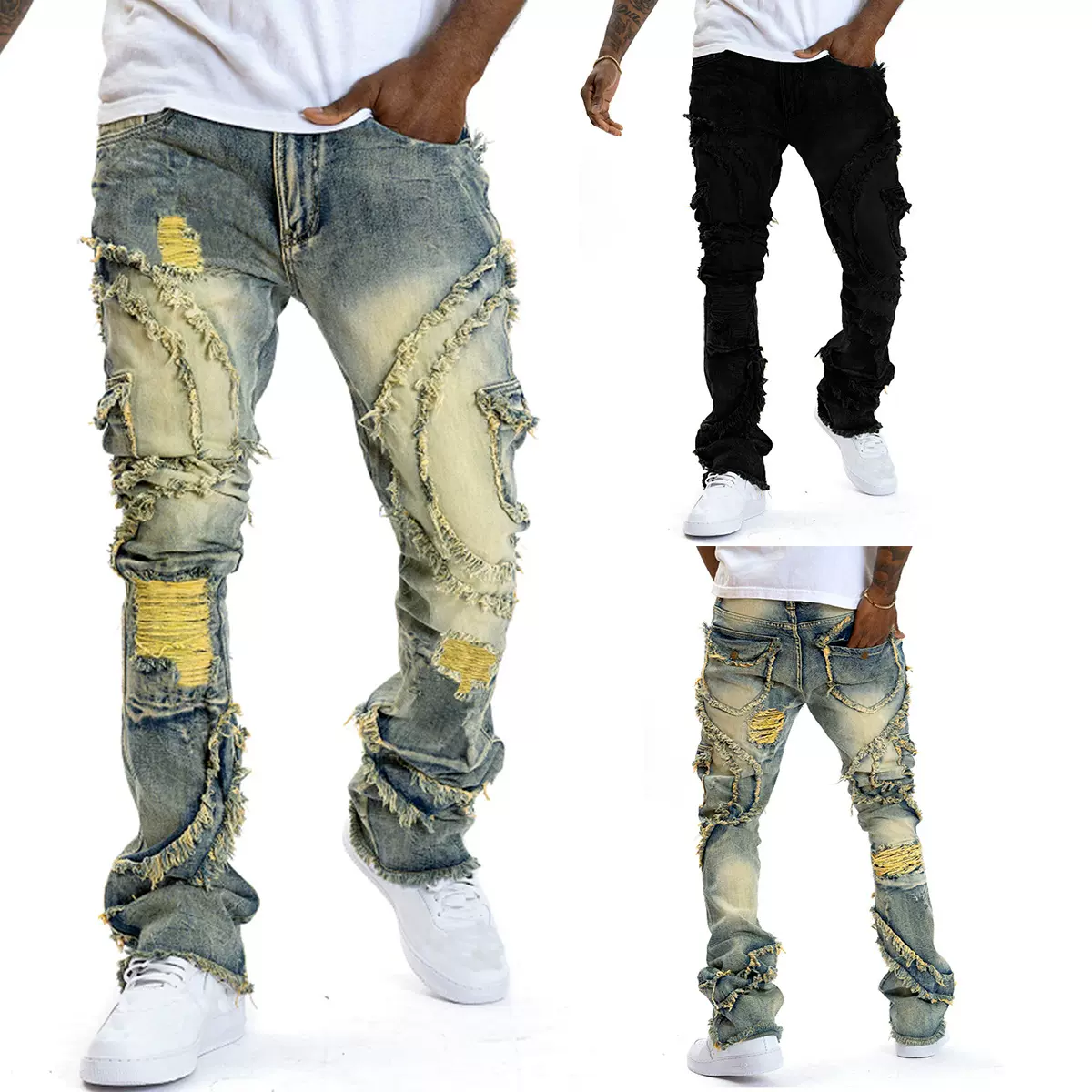 TEMU新款跨境专供欧美破洞微喇流苏弹力牛仔裤男亚马逊速卖通8938