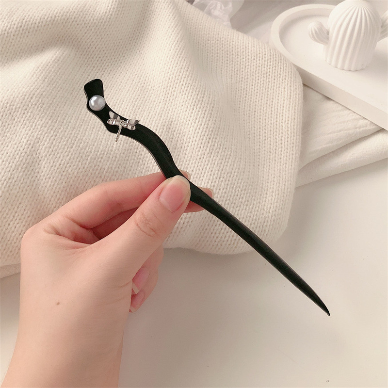 Perla de libélula de alta calidad simple pinza de cabello de mujer antiguo madera de madera negra bola de cabello y pinza de cabello de corte de cabello
