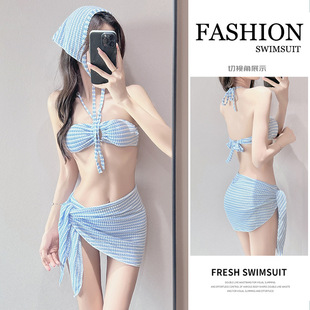 2025 New Swimsuit Women's Bikini High-End Stripesd Small Fresh Pure Desire Halter Sexy Hot Spring Cut Out Backless