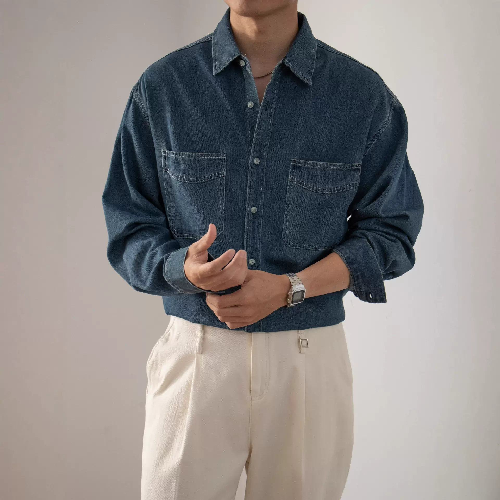 能盟复古双口袋牛仔衬衫男秋季日系工装水洗宽松长袖男装衬衫