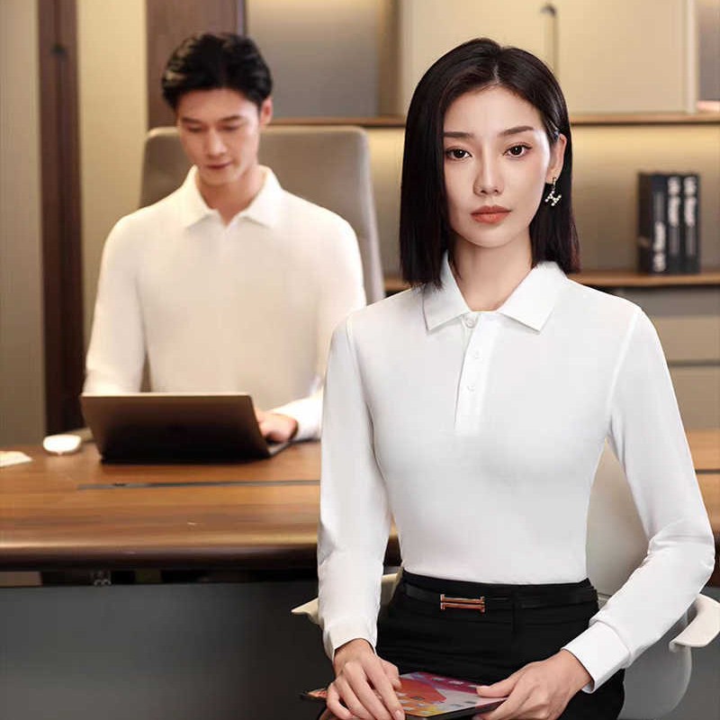 Business casual men's and women's spring and autumn long-sleeve polo shirt with turn-down collar, workwear cotton shirt with printed logo