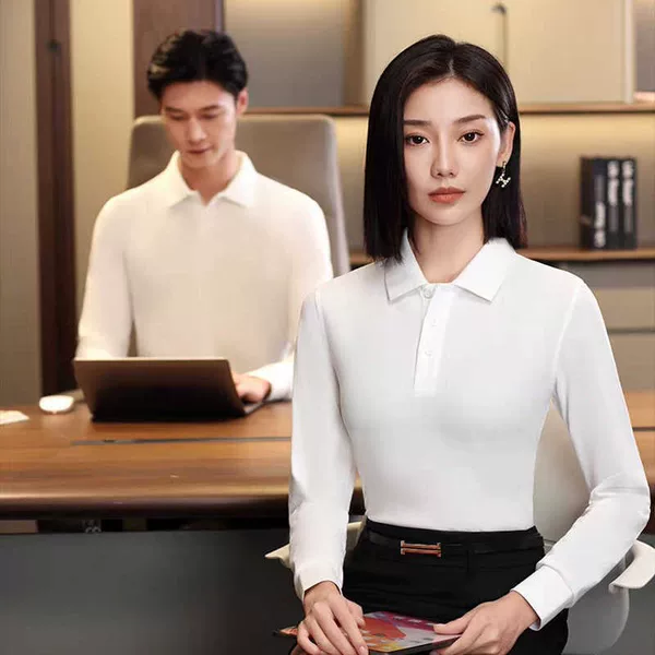 Business casual men's and women's spring and autumn long-sleeve polo shirt with turn-down collar, workwear cotton shirt with printed logo