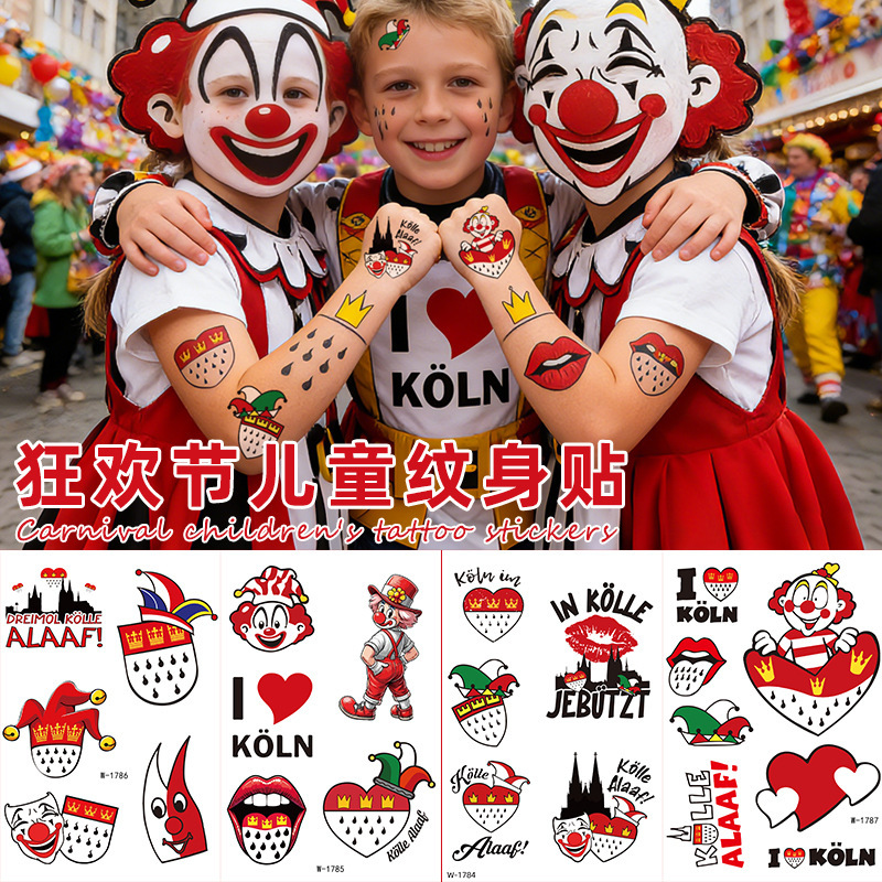Cross-Border European and American Carnival Tattoo Stickers Waterproof German Folk Style Retro Clown Temporary Tattoo Kids Tattoo Cross-Border European and American Carnival Tattoo Stickers Waterproof German Folk Style Retro Clown Temporary Tattoo Kids Tattoo