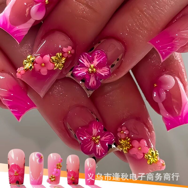 Cross-Border Hot Selling Pink Gradient Flower Wearable Nails Three-Dimensional Gold Decoration Sweet Style Long Fake Nails Manicure Cross-Border Hot Selling Pink Gradient Flower Wearable Nails Three-Dimensional Gold Decoration Sweet Style Long Fake Nails Manicure