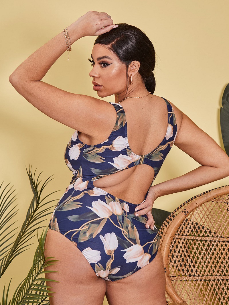 plus size print backless lace-up one-piece swimsuit NSVNS117583