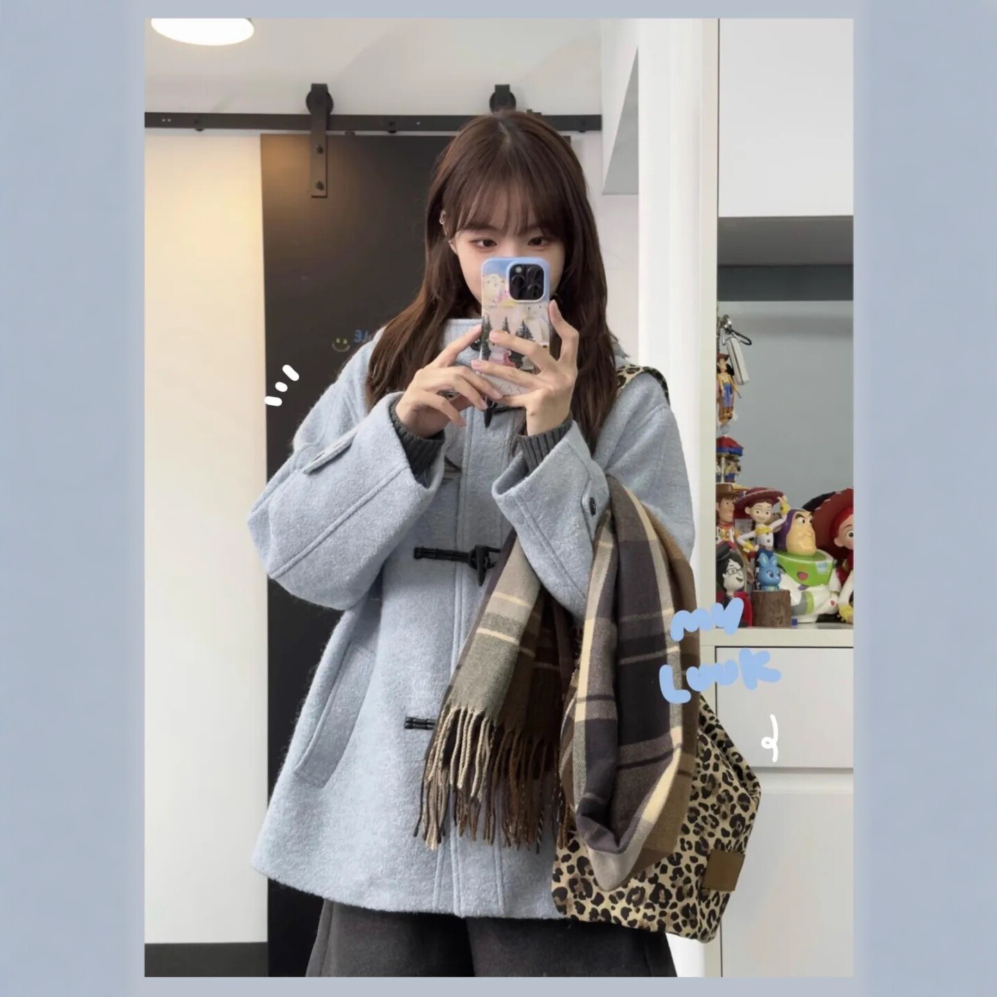 蓝色真牛角扣短款羊毛大衣学院风蓝色连帽羊毛呢外套