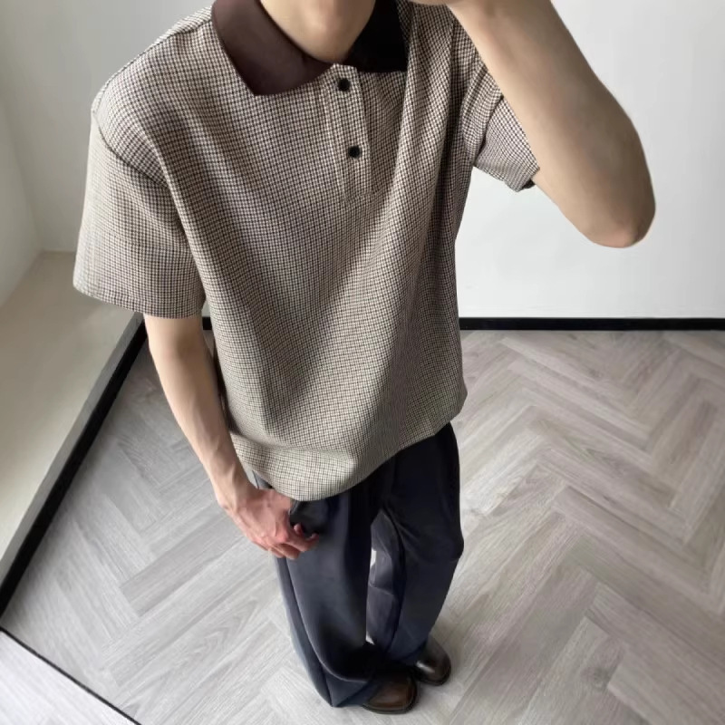 Brown American Retro Houndstooth Polo Shirt Short-Sleeved Men's Summer Contrast Color Heavy-Duty Lapel T-Shirt Loose Half-Sleeved