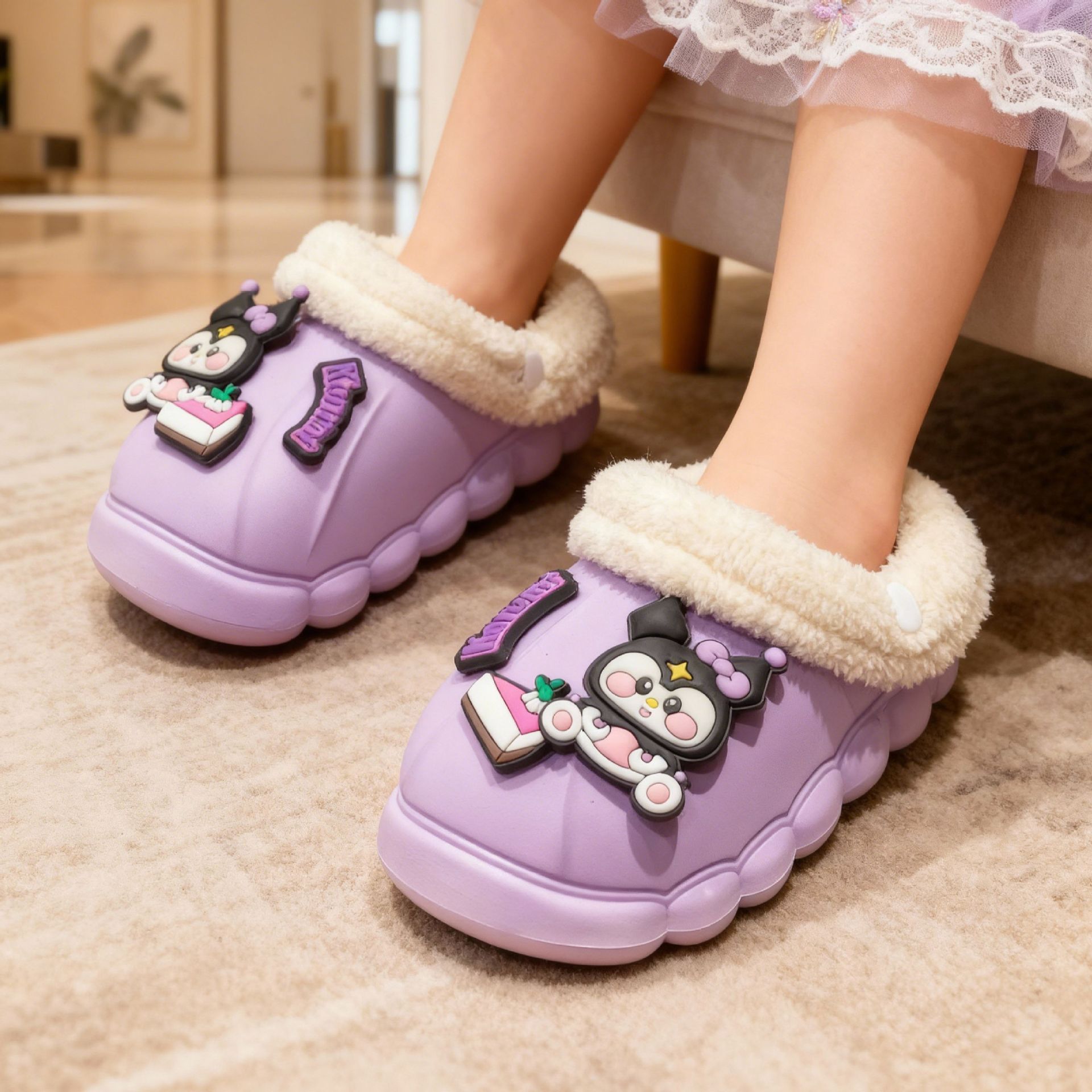 [Waterproof] Children's Cotton Slippers for Girls at Home, Non-Slip Cartoon Liner, Removable Girls' Fur Slippers for Autumn and Winter