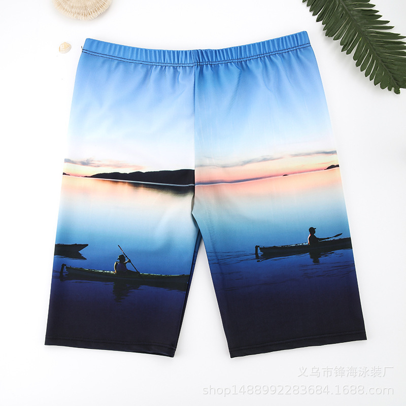 Men's swimming trunks long leg digital printing blue elastic quick-drying close-fitting lining anti-embarrassment beach hot spring 7 pants
