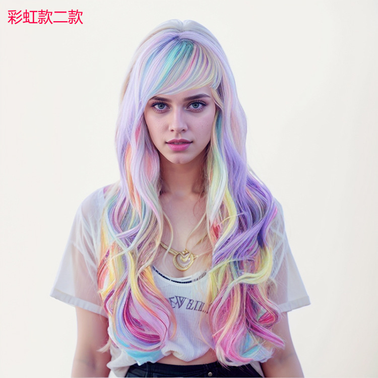 European and American Export Wig Full Headgear for Women with Big Waves, Medium Parted Long Bangs, Long Curly Hair Gradient Synthetic Wig Set Wigs