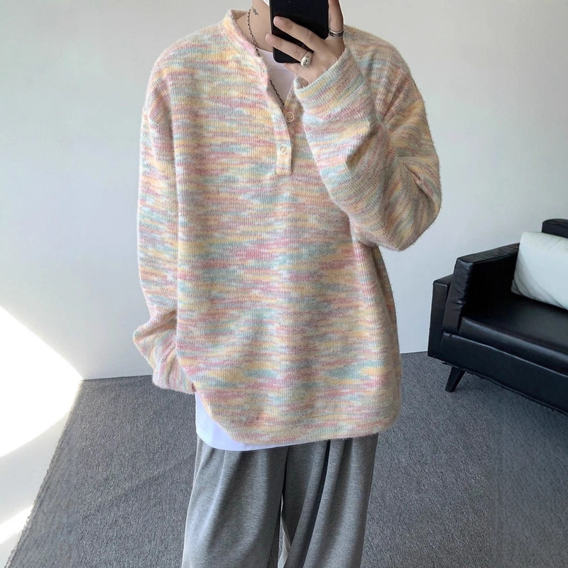 Colorful Henry Collar Knitted Sweatshirt Men's Autum American Retro Lazy Style Sweater Vintage Couple Jacket