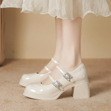 法式玛丽珍鞋女2024年春夏新款米白色高跟小皮鞋浅口水钻粗跟单鞋