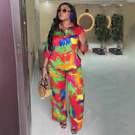 欧美新款休闲女装套装翻领中袖开衫衬衫长裤非洲大码印花两件套女