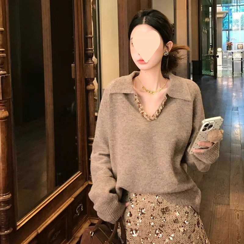 Coffee-colored lapel soft and glutinous knitted sweater for women 2025 new autumn and winter high-end top sequin short skirt suit
