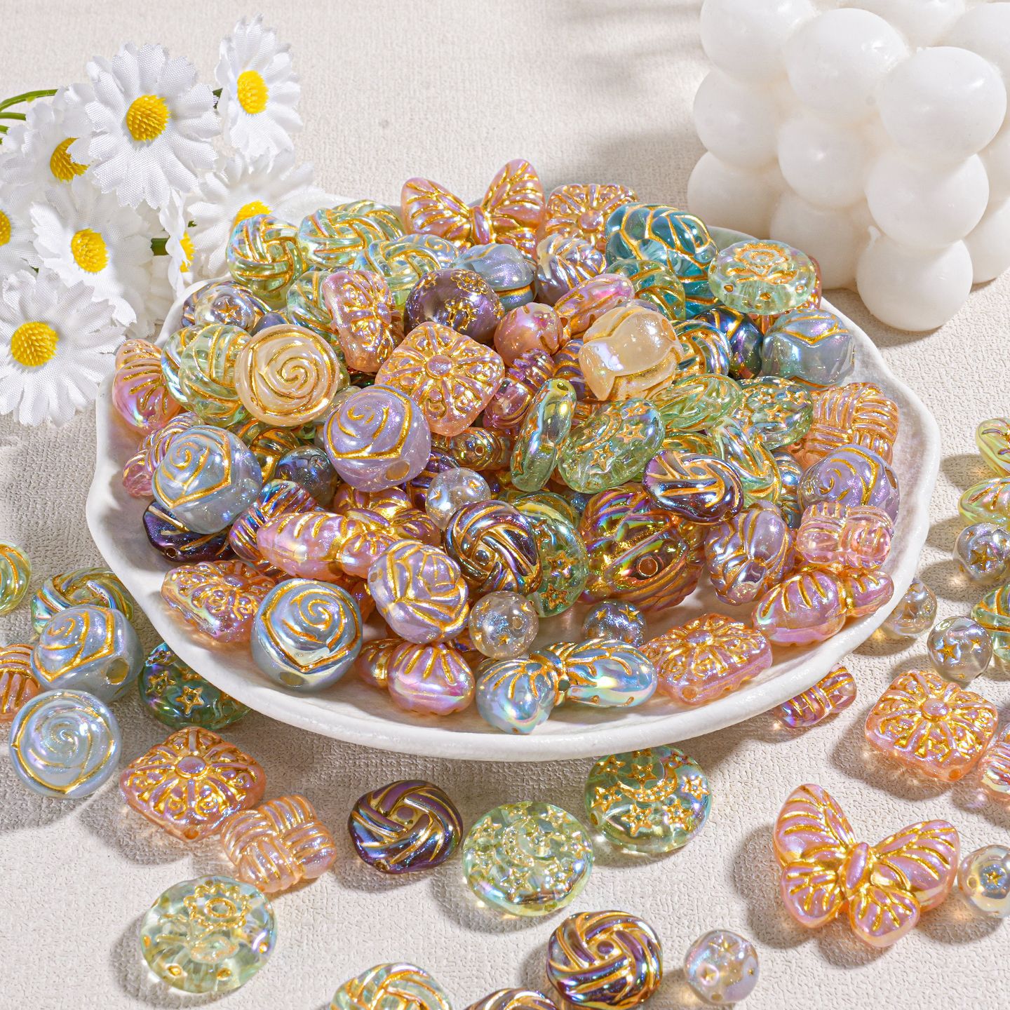 Cuentas Heidi, plumas doradas, cuentas exquisitas, cuentas sueltas, cadena de teléfono móvil, material de bricolaje, color mixto, cuentas de trazo de alambre de oro mixto, abs