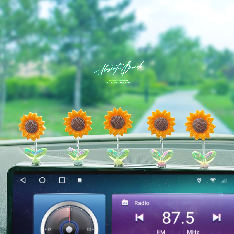 2024 nuevas celebridades de Internet sacudiendo la cabeza, girasol lindo decoración de coche, consola central de coche, joyería de girasol