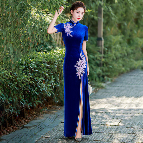 purple royal blue velvet Improved cheongsam Chinese dresses qipao retro cheongsamvelvet young elegant show thin catwalk show everyday can wear qipao